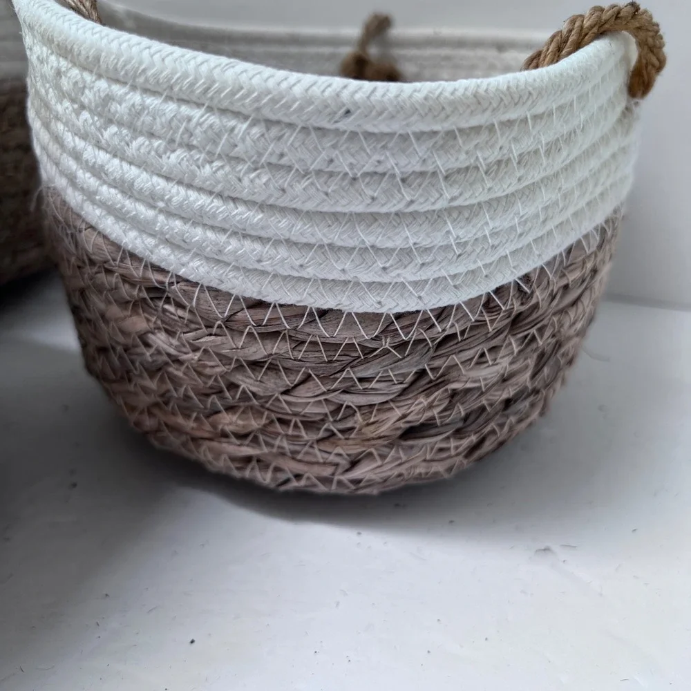 Set of 3 Woven Hanging Baskets White Brown Cotton‎ Rope Seagrass Boho Decor READ
